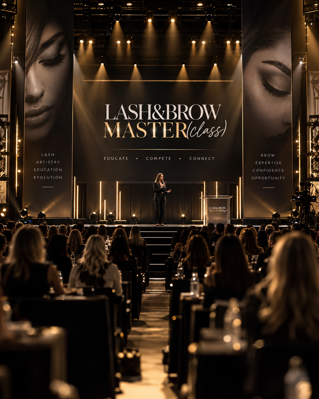 LASH&BROW MASTER(class) main stage keynote presentation with branded stage screens and audience