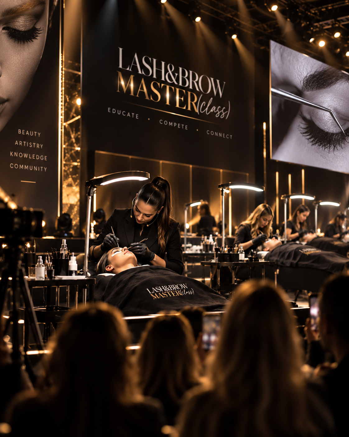 Live lash and brow demonstration stage with artists working on models, branded stage screens showing LASH&BROW MASTER(class) and gold stage lighting.