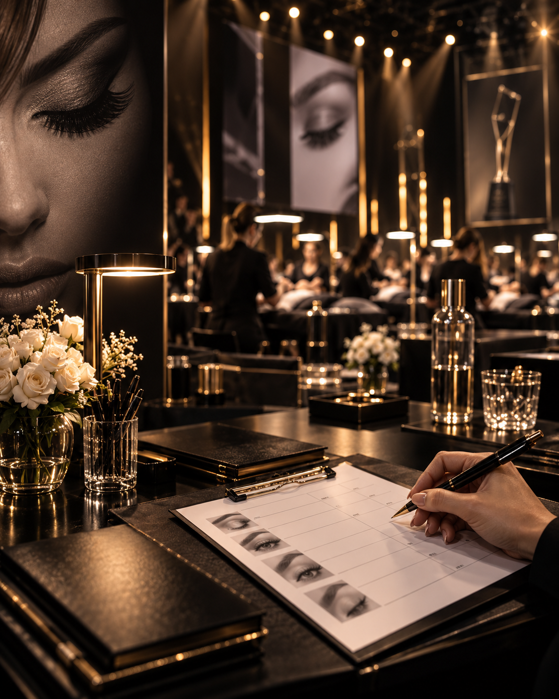 A hand holding a black-and-gold pen writing on a beauty evaluation/judging clipboard at a luxury black desk, with a blurred high-end beauty masterclass/competition background, warm gold and black cinematic lighting.