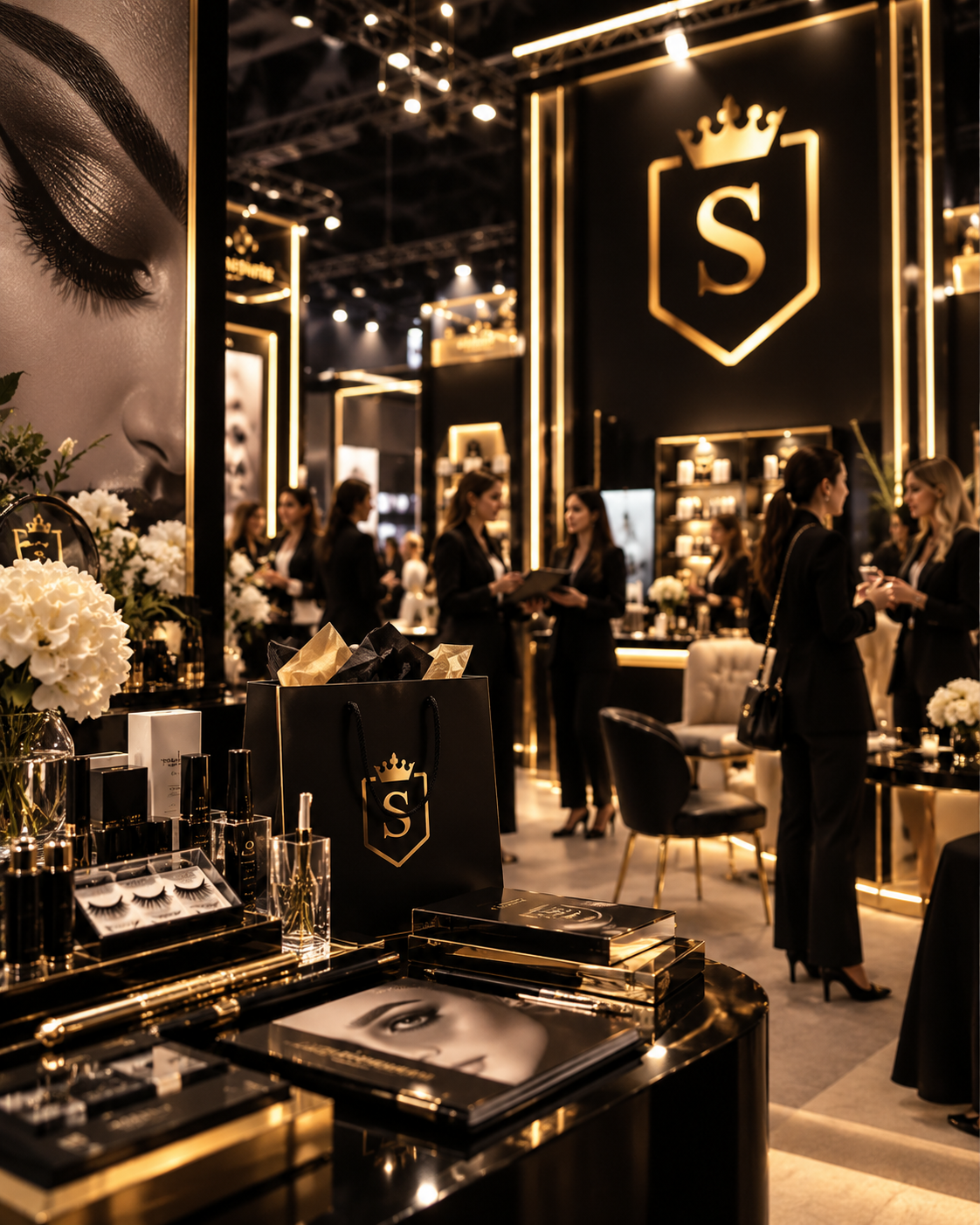 Luxury beauty brand exhibition area and business networking lounge at LASH&BROW MASTERCLASS
