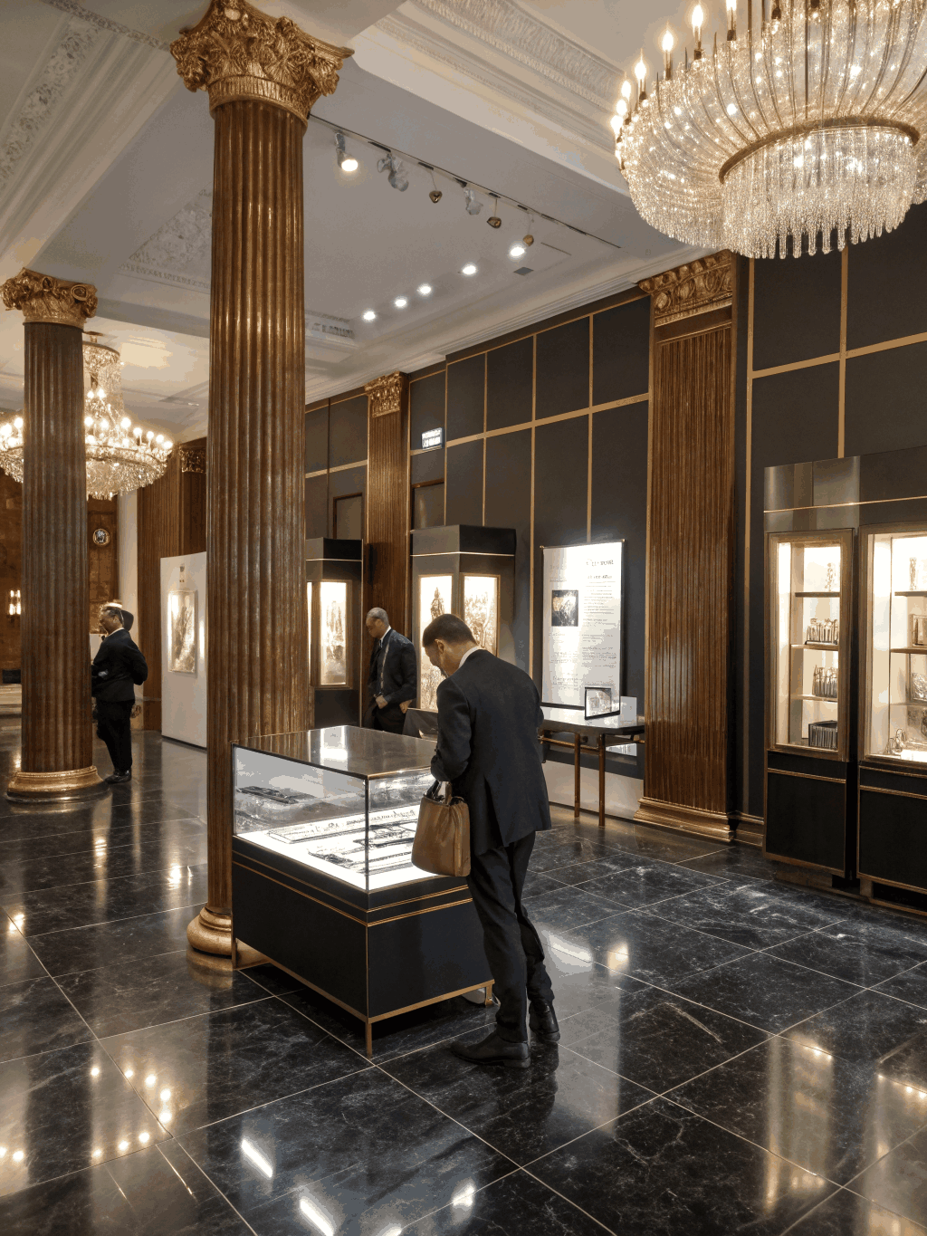 Luxury summit exhibition lounge with delegates at bespoke brand display tables